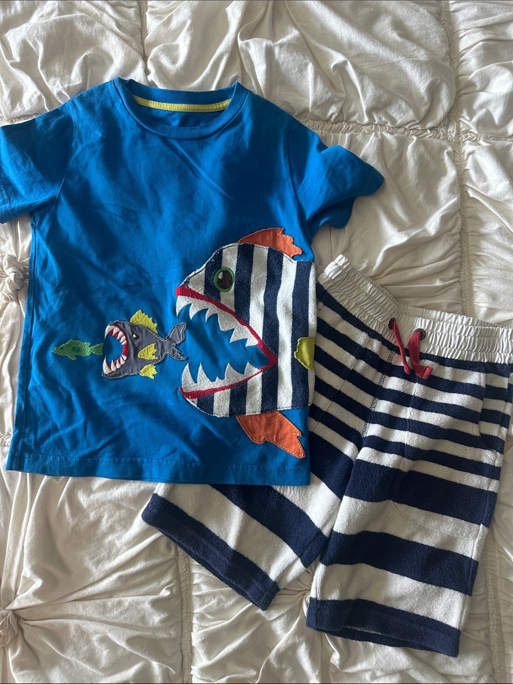 Mini Boden Blue Shark Appliqué Tee and Navy Striped Shorts Set